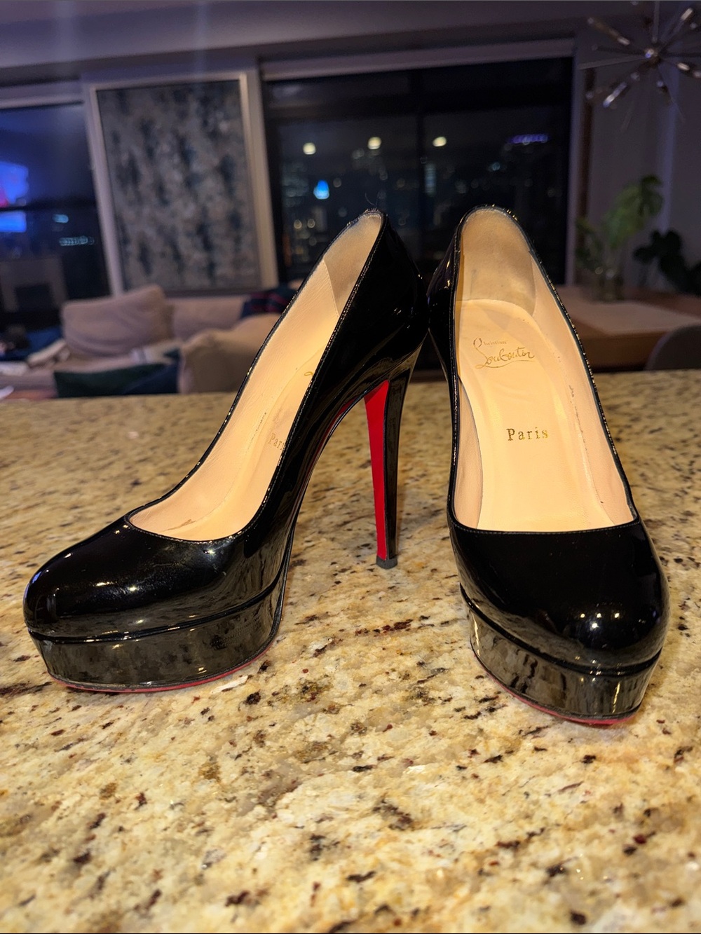 Christian Louboutin size 37 140mm Bianca Black Patent Platform Pumps Red Sole
